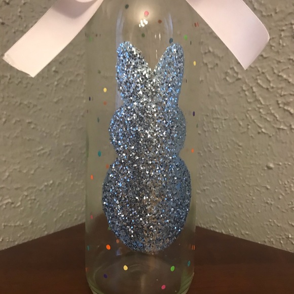 Blue Glitter Bunny Hand Painted Wine Bottle - Picture 2 of 8